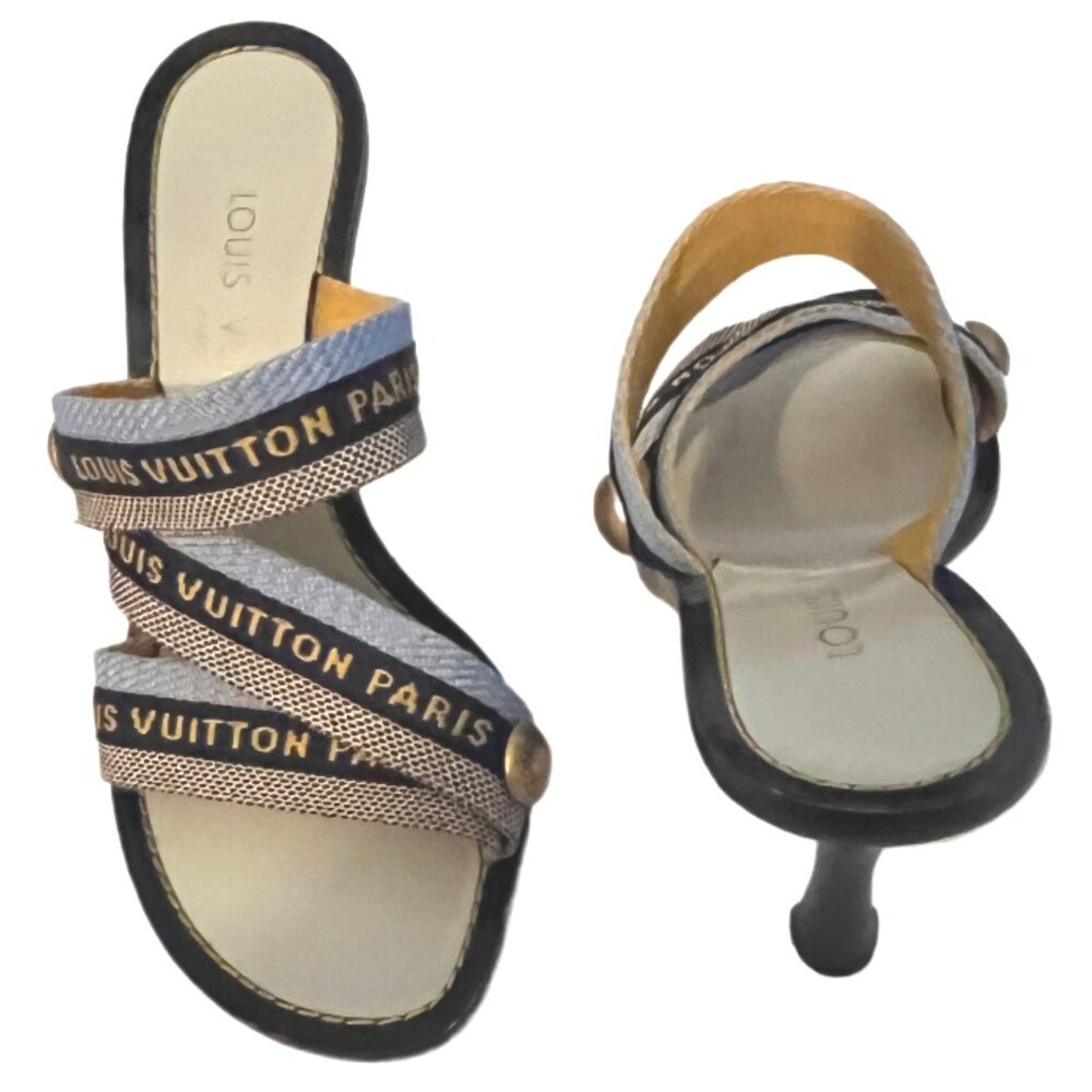 Louis Vuitton Paris Blue Canvas 3.5" Heeled Sandals Metal Logo Size 35/US size 5 - Picture 8 of 13